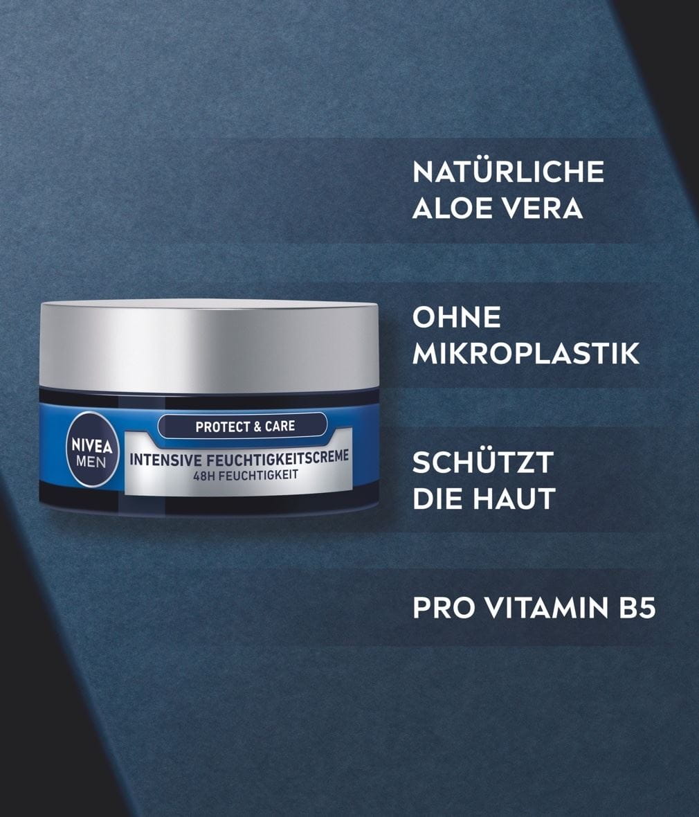 NIVEA MEN Protect & Care Intensive Feuchtigkeitscreme Produktabbildung mit Benefits